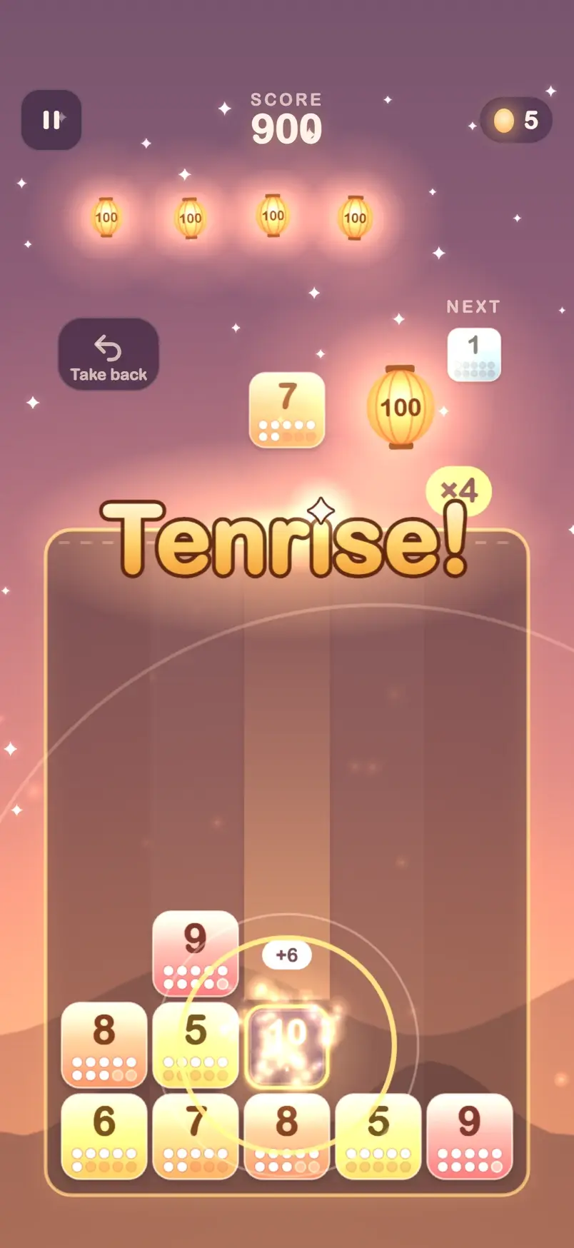 Tenrise: a hundred ignites as the word Tenrise! blooms over the board, and its lantern rises into a warm Dusk sky.